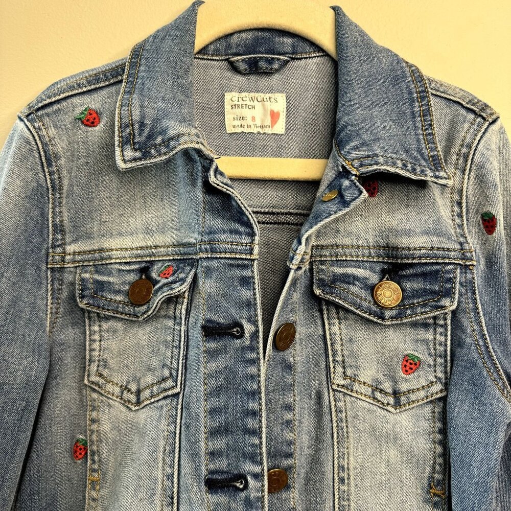 MADEWELL CREWCUTS Strawberry Jean Jacket Girls 8 Denim Embroidered Strawberries - Picture 3 of 9